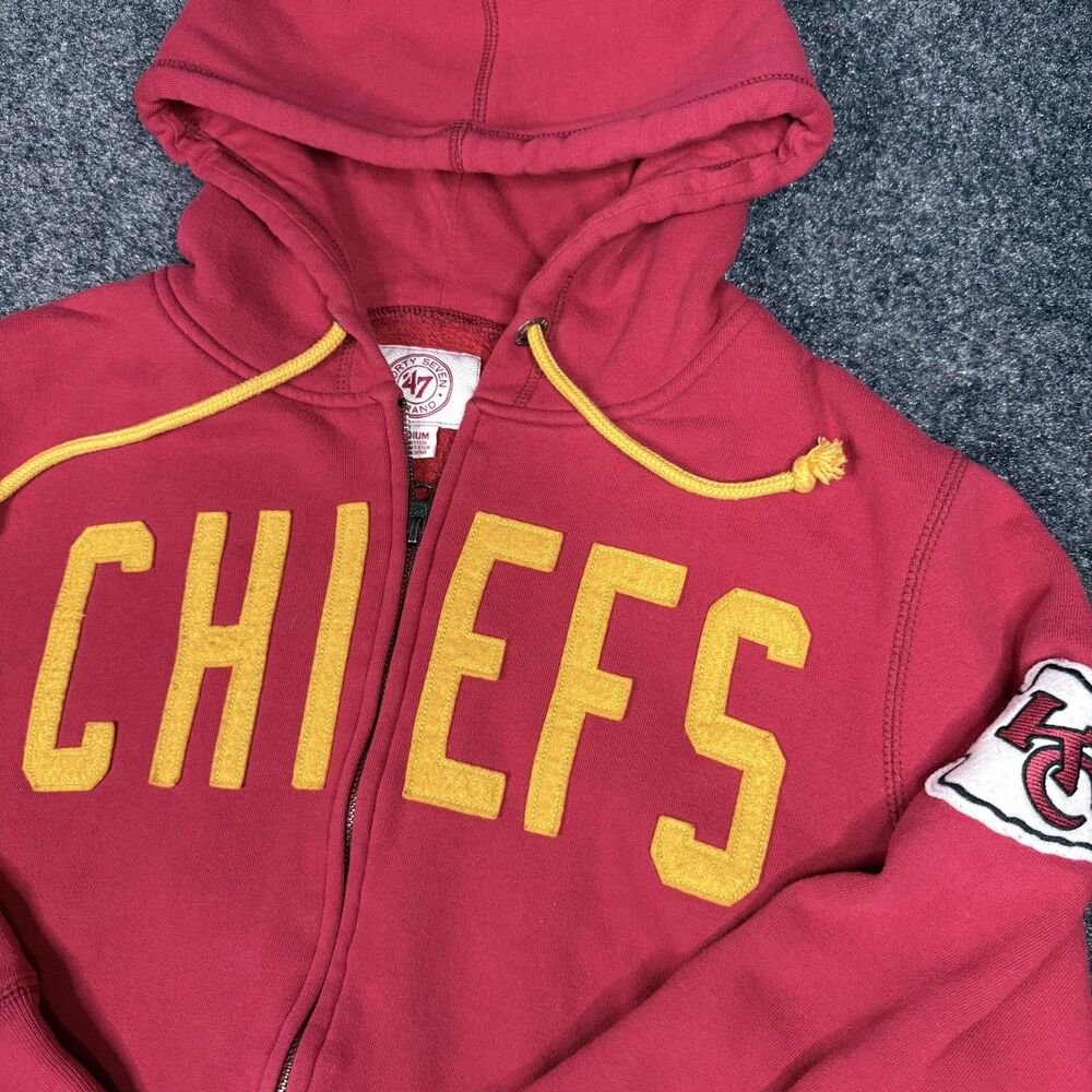 47 Brand Kansas City Chiefs Red Full Zip Hoodie Mens Medium Sewn Logo Sleeve NFL
